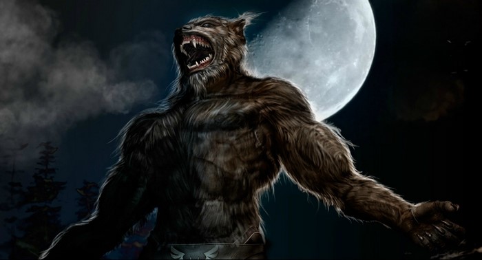Werewolf howling at the full moon in the dark