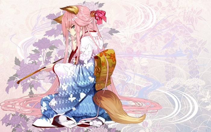 Anime fox girl in kimono holding a pipe