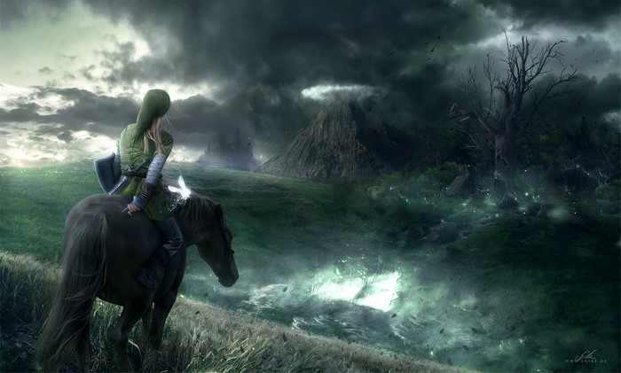 Link from The Legend of Zelda on a horse with Navi