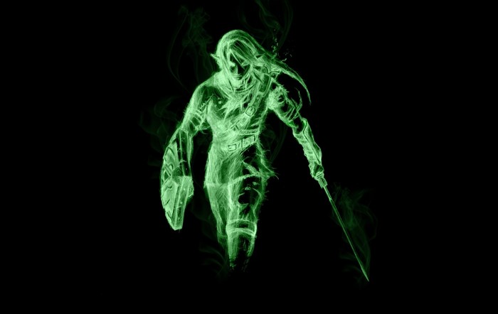 Link from The Legend of Zelda made of green smoke
