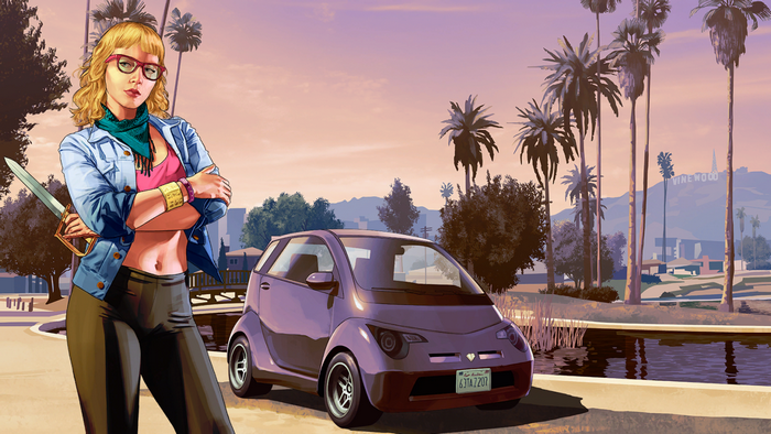 Girl with sword and car in Grand Theft Auto V