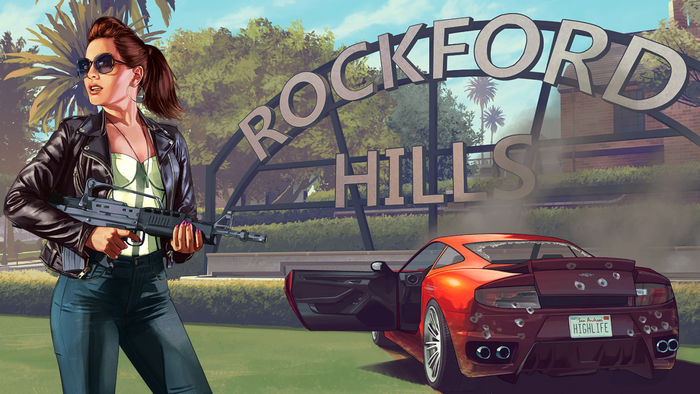 Woman with gun and damaged car in front of Rockford Hills sign