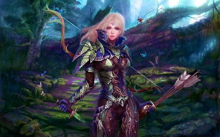 Fantasy archer woman with bow and arrows in a forest