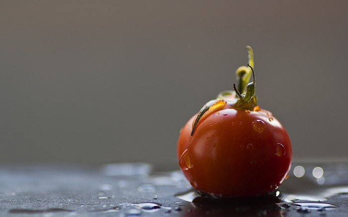 Close up of a wet cherry tomato with water droplets