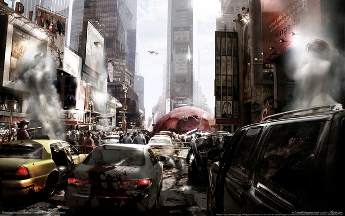 Prototype video game city street scene