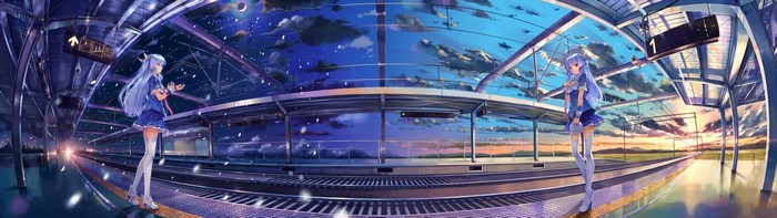 Anime girl at a train station with dual sky