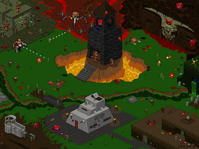 Doom game isometric pixel art battle scene