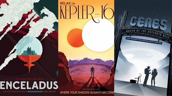 Travel posters for Enceladus, Kepler-16, and Ceres
