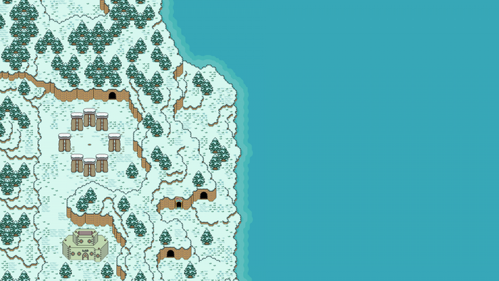 Earthbound pixel art map of a snowy landscape with trees and water