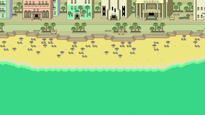 Pixel art beach with hotels and ocean