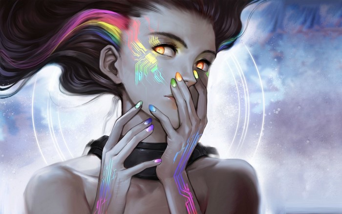 Woman with rainbow circuit patterns and orange eyes