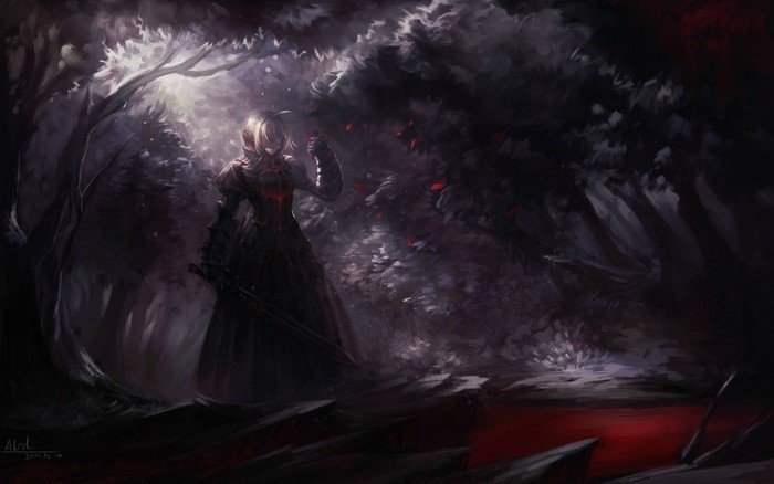 Saber Alter from Fate/Stay Night in a dark forest