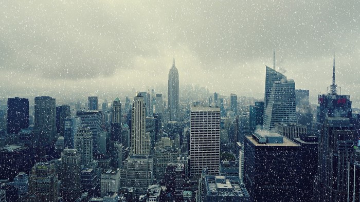 New York City skyline during a snowstorm