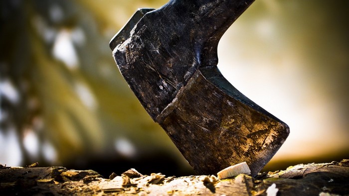 Close-up of an axe head embedded in wood