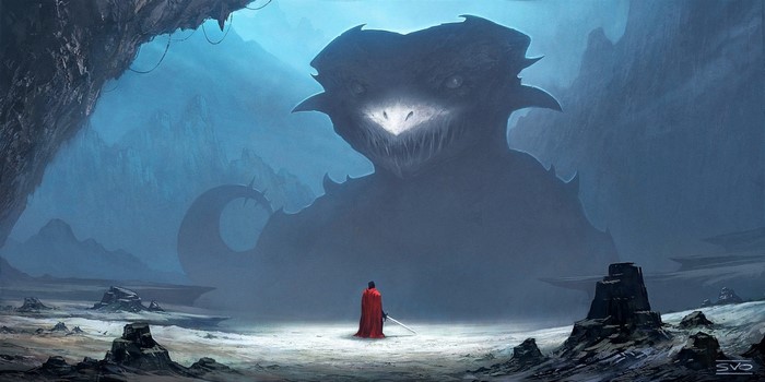 Fantasy art of a knight facing a giant dragon in a cave