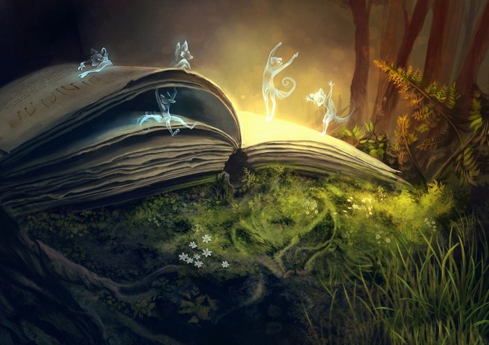 Fantasy art of glowing spirits dancing on a giant book in a forest