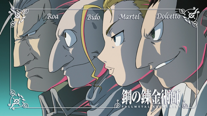 Roa, Bido, Martel, and Dolcetto from Fullmetal Alchemist