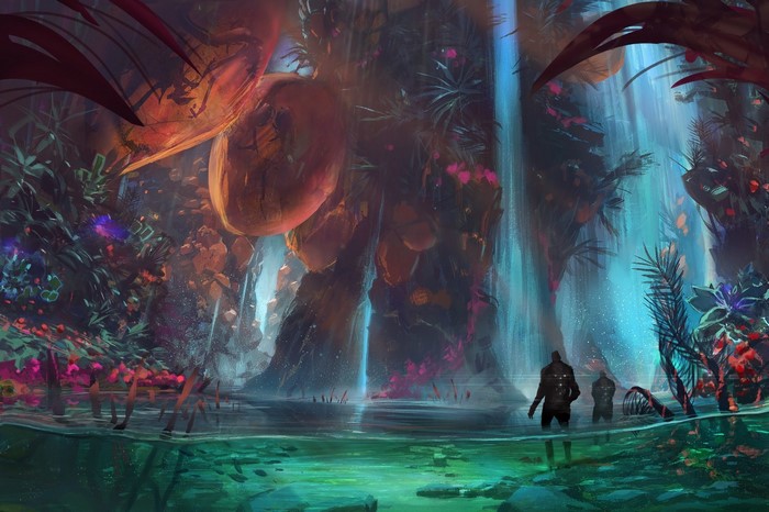 Fantasy art of a surreal alien jungle with waterfalls