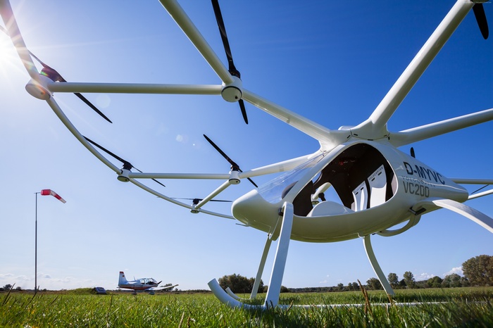 Volocopter 2X VC200 aerial vehicle on a grassy field