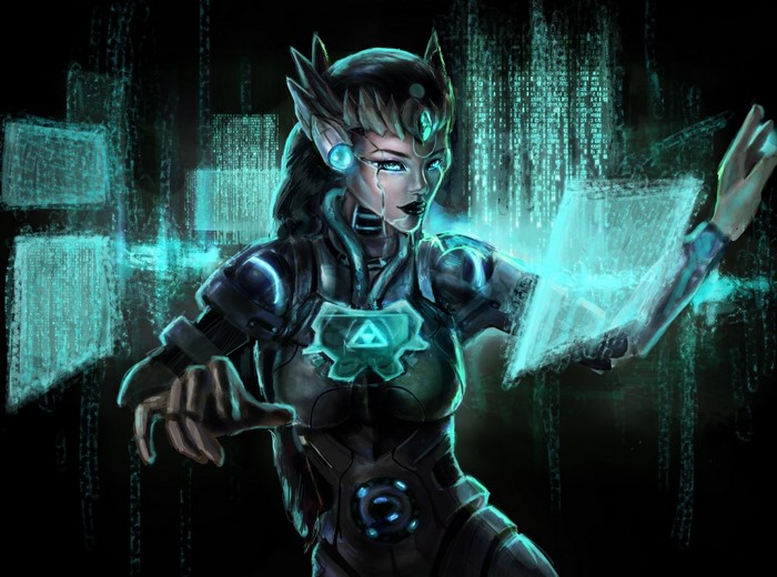 Futuristic robot woman interacting with digital interfaces