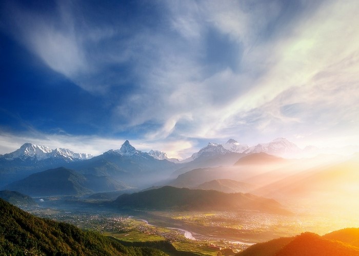 Sunrise Over Nepalese Himalayan Mountains and Valley