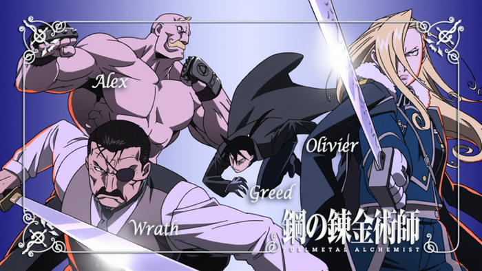 Fullmetal Alchemist Brotherhood characters Alex, Olivier, Greed, and Wrath