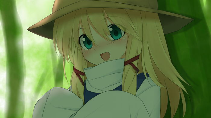 Anime girl with blonde hair and green eyes wearing a hat