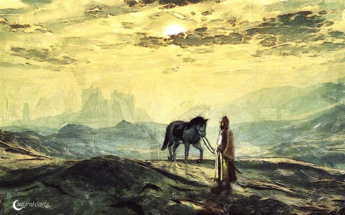 Man with horse in a desolate landscape with distant ruins