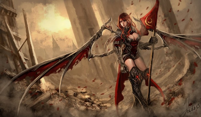 Fantasy art of a winged woman warrior with a flag