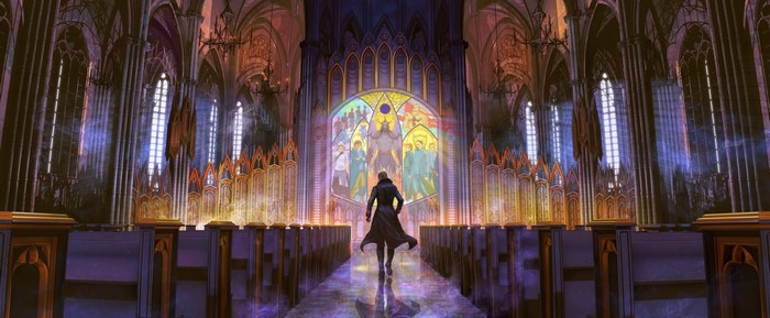 Man in black coat walks down aisle in cathedral towards stained glass window