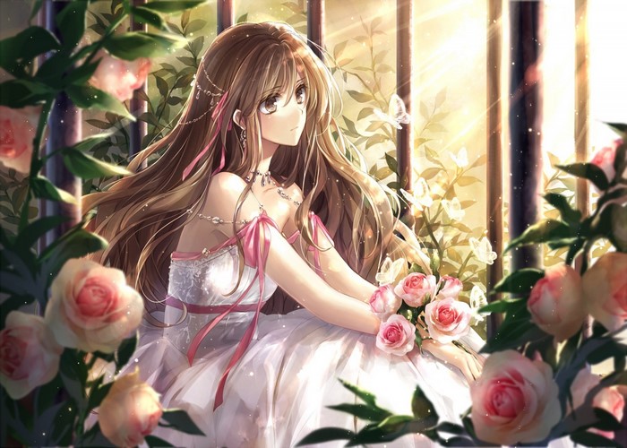 Anime girl in white dress with roses