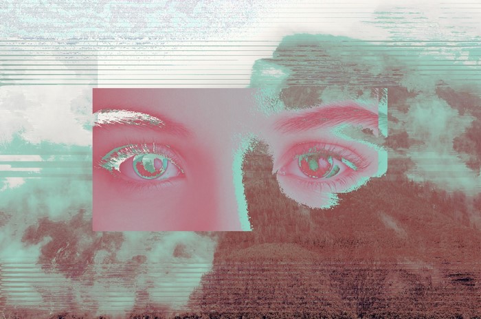 Glitch art painting of eyes over mountains