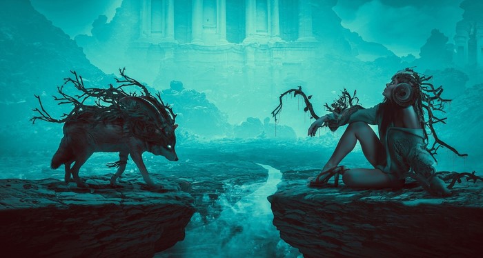 Fantasy art of a wolf-like creature and a woman
