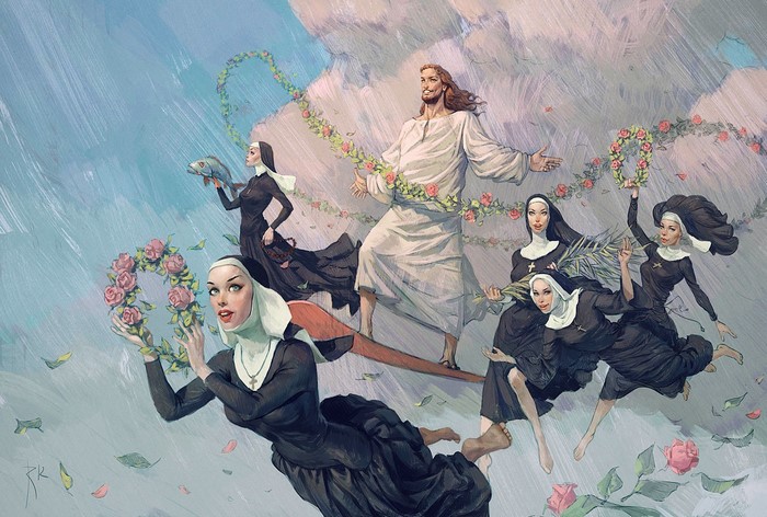 Jesus Christ and Nuns in the Sky with Flowers