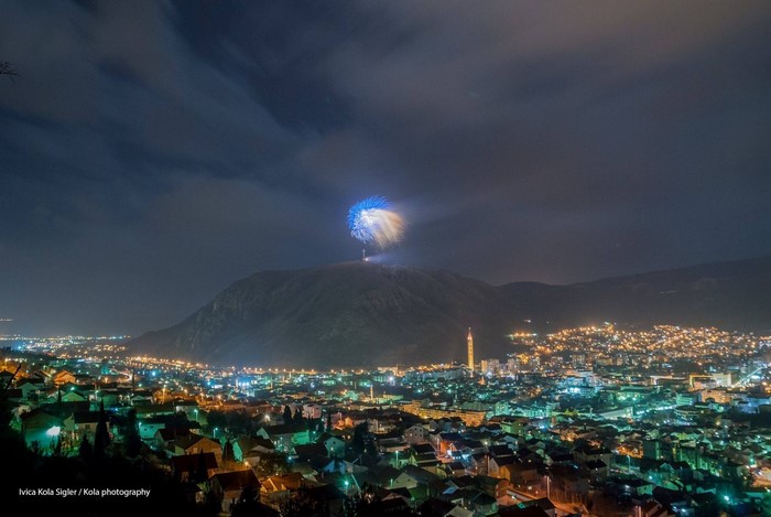 Fireworks over Mostar at night