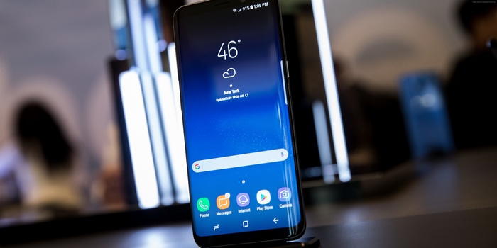 Samsung Galaxy S8 Plus phone with weather app