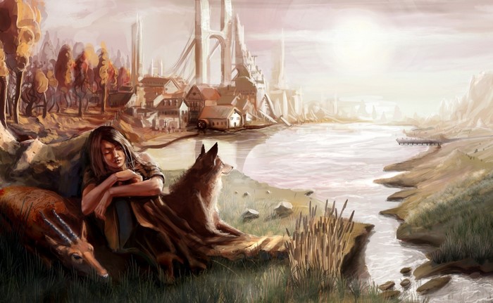 Fantasy landscape painting with a girl and animals