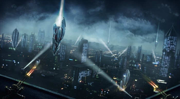 Futuristic cityscape at night with flying vehicles and searchlights