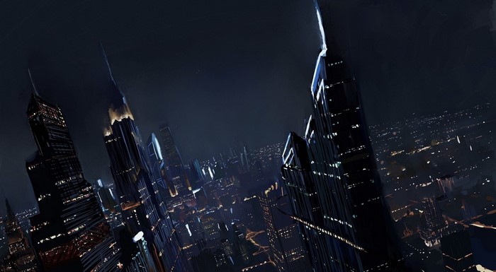 Futuristic city skyline at night with illuminated skyscrapers
