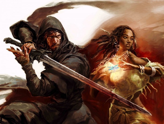 Fantasy warrior with sword and woman with dragonfly