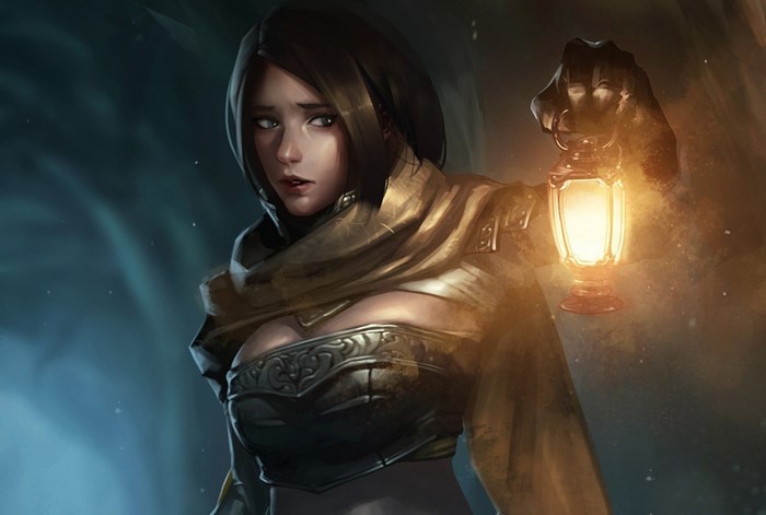 Woman Warrior Holding a Lantern in Fantasy Darkness
