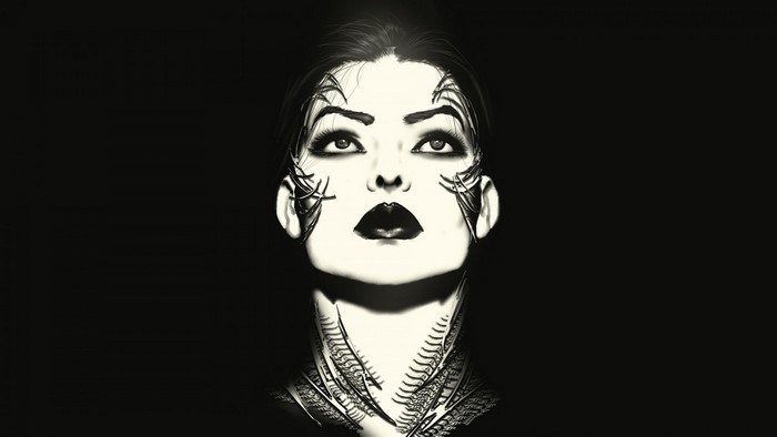 Monochrome illustration of a woman with elaborate makeup