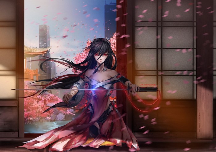 Anime girl with katana in traditional Japanese setting