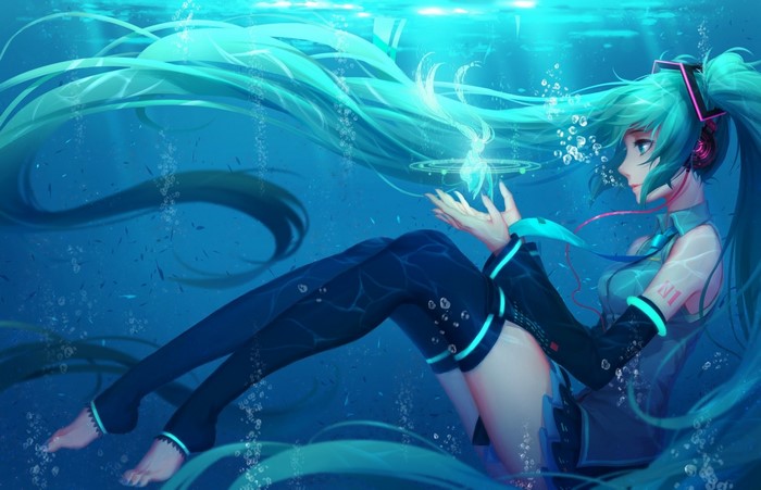 Hatsune Miku Underwater With Glowing Butterfly