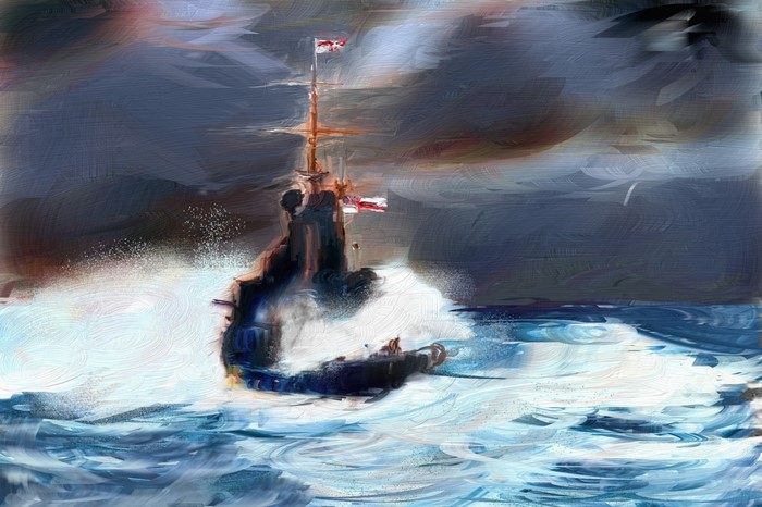 Painting of a ship in rough seas
