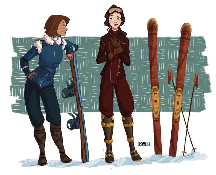 Korra and Asami Sato from The Legend of Korra with winter gear