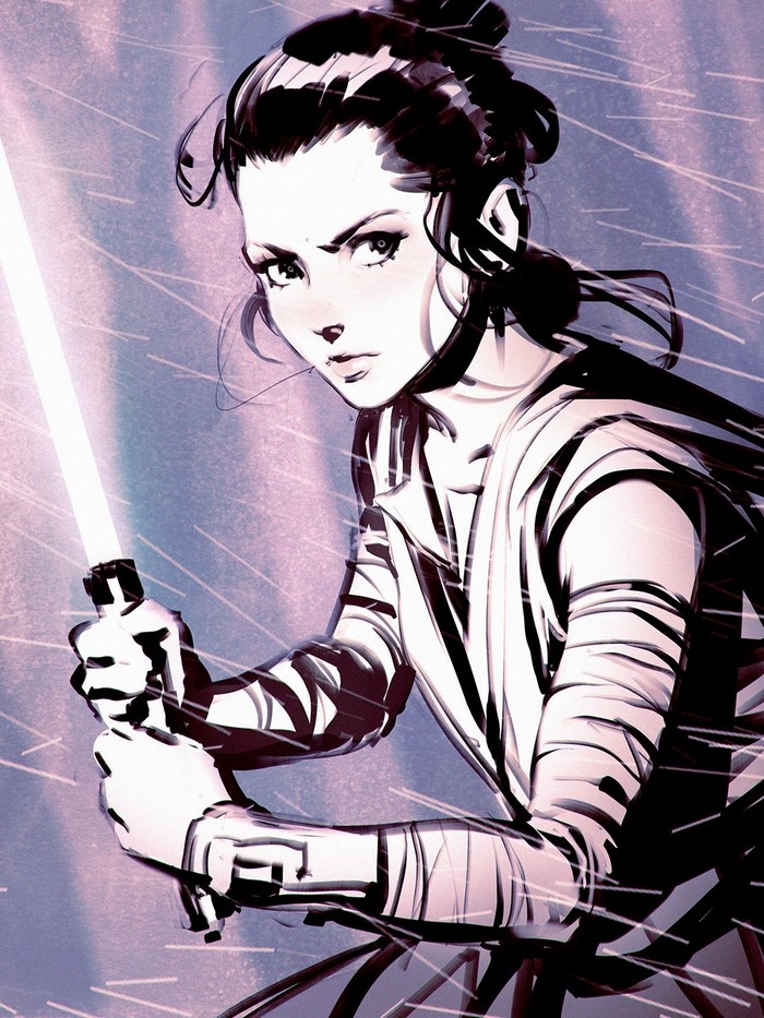 Rey from Star Wars holding a lightsaber