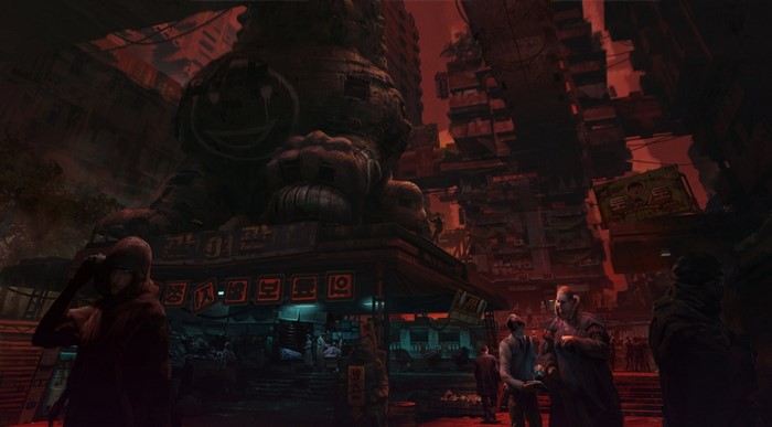 Cyberpunk city street with large statue and people