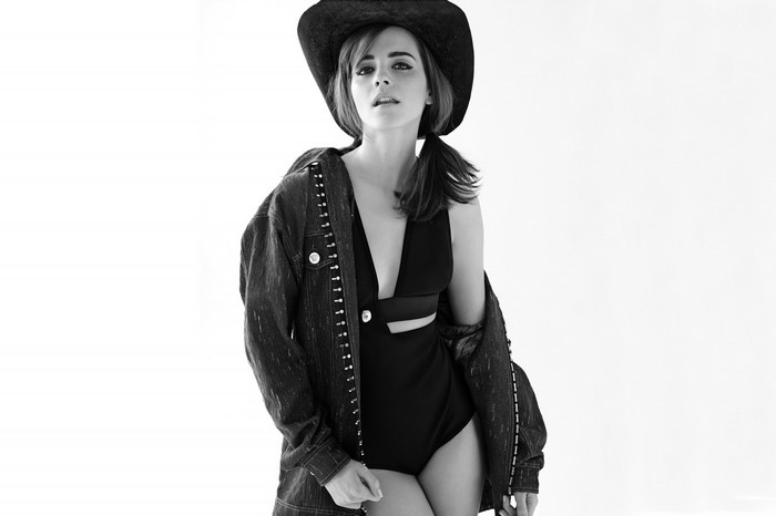 Emma Watson wearing a cowboy hat and denim jacket
