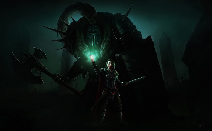 Warrior casting magic before a giant armored figure